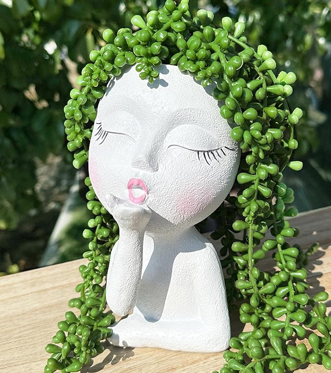 Cute Head Planter Pot/Face Planters for Indoor Plants,with Drainage Hole,Flower Pot Face pots Cute Lady Head Planters Pot for Indoor Outdoor Plants,Cute Resin Succulent Planter (White)