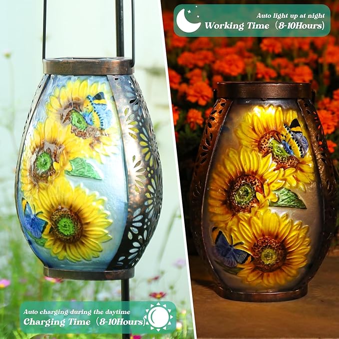 MUMTOP Solar Lanterns Outdoor Waterproof Sunflower Solar Powered LED Lights Hanging Solar Lantern Metal Decorative for Patio Table Garden Outside Yard Backyard
