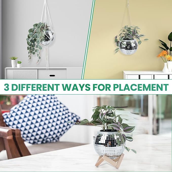 6" Disco Ball Planter – Rotating Mirror Planter with Macrame Hanger & Wooden Stand for Indoor and Outdoor Plants