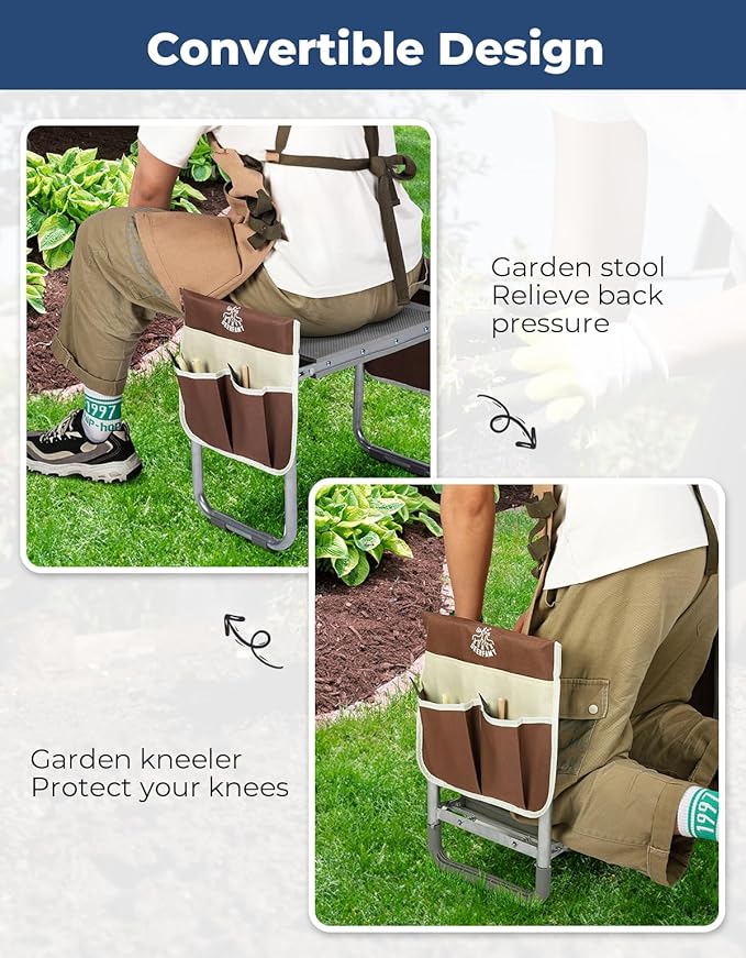 DEERFAMY Garden Stool 10.2" Width, Garden Kneeler and Seat Load Cap 350 lbs, Heavy Duty Gardening Stool with Extra Kneeling Pad, 2 Tool Pouches, Claw Gloves, Gift for Women Seniors, Brown