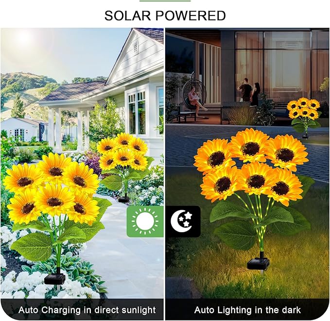 YJFWAL 2 Pack with 12 Solar Sunflower Lights Outdoor Decorative Lights for Garden Gift for Mom and Friends, IP65 Waterproof Sunflower Garden Stake Lights for Yard Patio Lawn Pathway