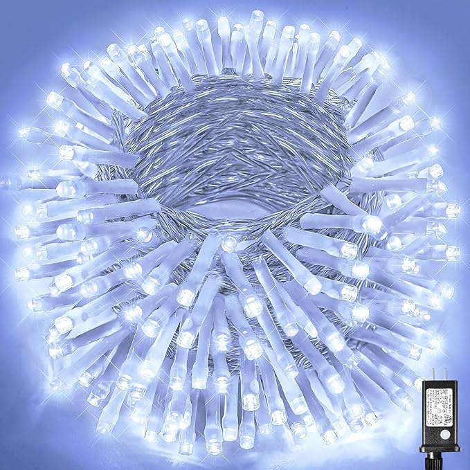 99ft 300 LED String Lights Indoor - White Christmas Lights Outdoor Waterproof Clear Wire, 8 Modes Connectable Twinkle Fairy String Lights Plug in for Outside Room Bedroom Party Wedding Decorations