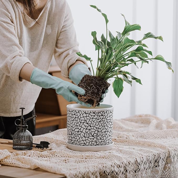 8 Inch Plant Pots: Ceramic Planter Pot with Drainage Hole & Saucer - Planters for Indoor/Outdoor Plants - Flower Pot with Bonded Tray for Home/Office - Tile Design Debossed