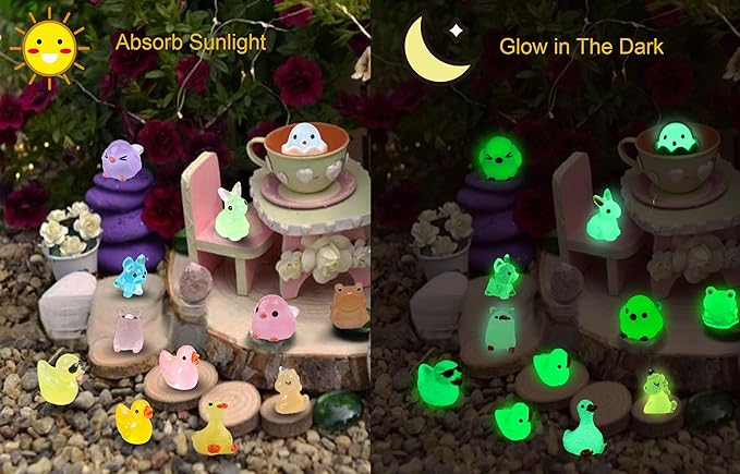 Luminous Mini Resin Animals 50 Pcs Tiny Animals to Hide Around The Office Home Mini Ducks Tiny Frogs Small Birds Little Rabbits Glow in The Dark for Crafts Fairy Garden Accessories