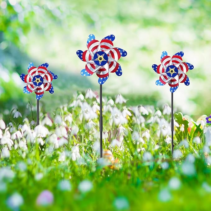BATTIFE 10 Packs Patriotic Sparkly Reflective Pinwheels for Yard and Garden, American Flags Blinding Birds Pin Wheel Scare Birds & Animal Away, Wind Spinner for 4th of July
