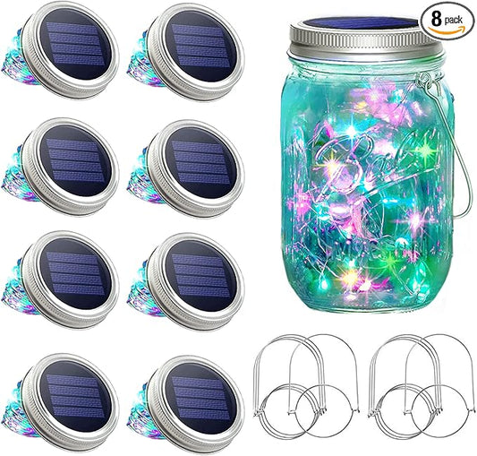 SunKite Solar Mason Jar Lights [Updated], 8 Pack 20 LED Waterproof Fairy Firefly Jar Lids String Lights with Hangers(NO Jars), Patio Yard Garden Wedding Decoration - Colorful