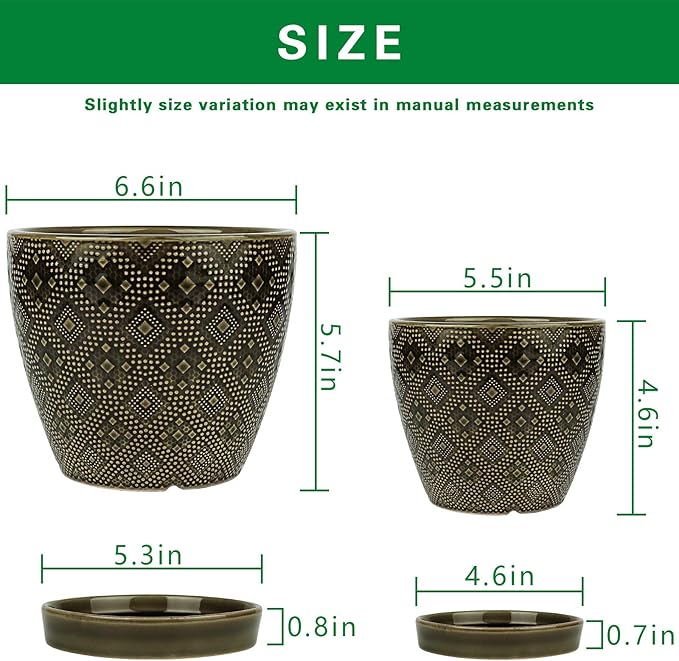 Docrin Ceramic Plant Pots Indoor: 6.6 + 5.5 Inch Planters with Drainage Holes and Saucer for Home/Office - Set of 2 /Dark Green