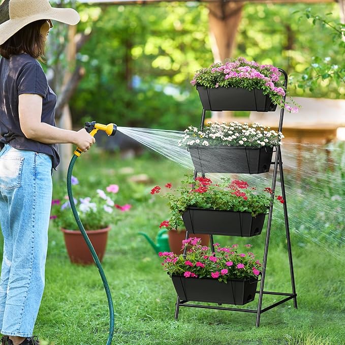 Vertical Garden Planter 4 Tier Planters for Outdoor Plants Vertical Raised Garden Bed with Drainage Holes Herb Garden Planter Outdoor Indoor Patio Yard Balcony (Black)