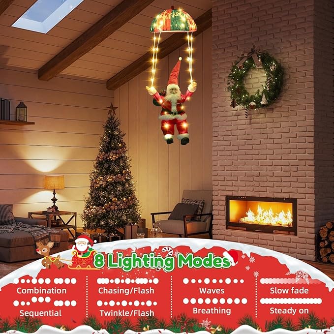 Christmas Decorations Lights Outdoor, 88 LED Christmas Parachute Lights with Santa Claus, 8 Modes Hanging Warm White Xmas Light, Holiday Decorative Lighting for Roof Eave Porch Balcony Indoor Decor
