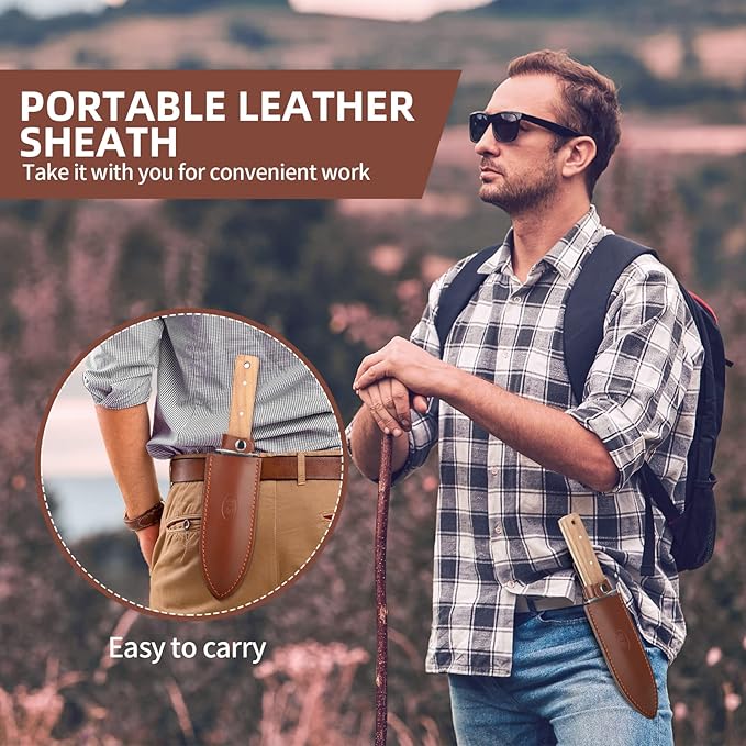 Hori Hori Garden Knife Japanese Stainless Steel, 7'' Durable Gardening Tool for Weeding, Digging, Cutting & Planting with Leather Sheath