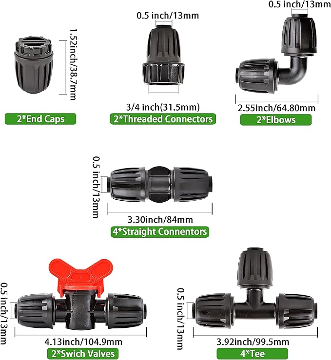 Drip Irrigation Fittings Kit Connectors for 1/2 Inch Tubing, Irrigation Tubing Fitting, Lock Caps Barbed Connectors - 2 Switch Valves,4 Couplings,4 Tee,2 End Plugs,2 Elbows,2 Thread Adapters