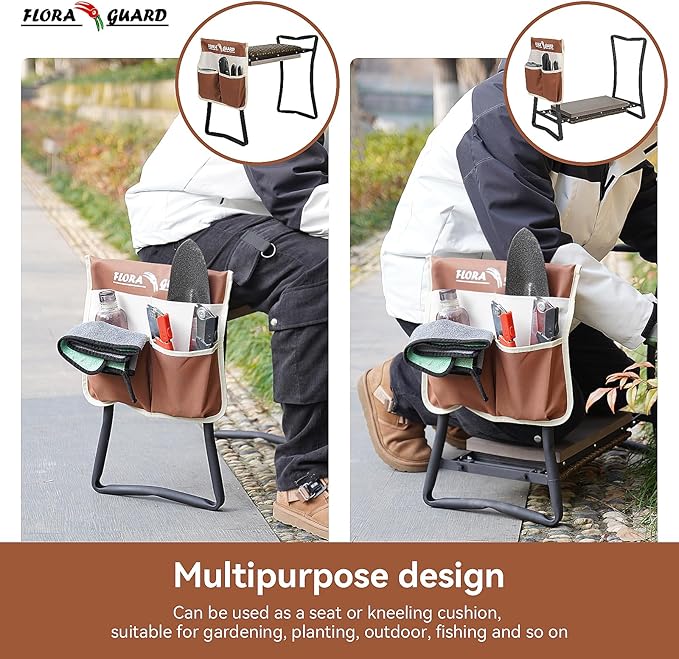 FLORA GUARD Garden Kneeler and Seat, Heavy-Duty Foldable Garden Kneeling Pad, High Breathability Artificial Rattan Shaped Cushion with Tool Bags, Gardening Gift for Gardeners and Seniors