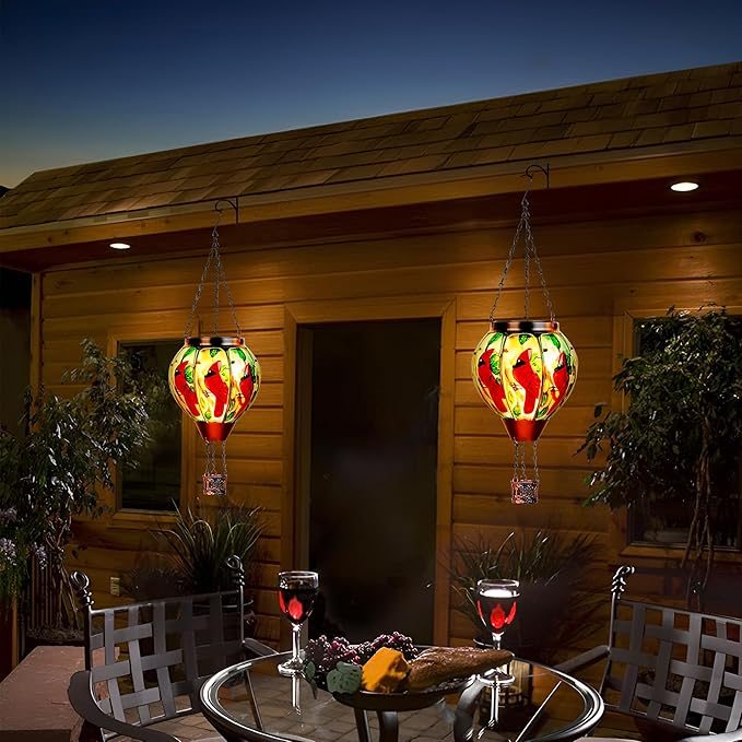 2 Pack Cardinal Solar Hot Air Balloon Lantern with Flame, Outdoor Christmas Decorations Flickering Solar Lights, Glass Hanging Solar Lantern Waterproof, Gardening Gifts for Outdoor Garden Patio Decor