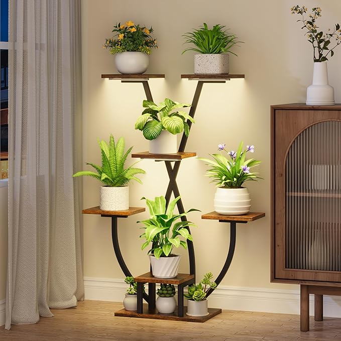 POZILAN Plant Stand Indoor with Grow Light - 7 Tiered Corner Plant Stand for Multiple Plants, Metal Plant Shelf Indoor Display Rack Holder, Flower Stand for Indoor Plants, Balcony, Living Room, Patio