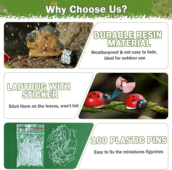 Modacraft 200Pcs Miniature Fairy Garden Accessories Including 100Pcs Fixed Pins, Fairy Garden Kit Fairy House Animal Figurines Mini Landscape for Garden Dollhouse Potted Plant Bonsai Terrarium Décor