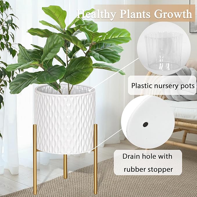 ARNIS Plants Pots with Stand, Set of 2 Planters, Unique Mid Century Decorative Metal Flower Pots with Drainage, 10.5 & 12.25 Inch, White and Gold