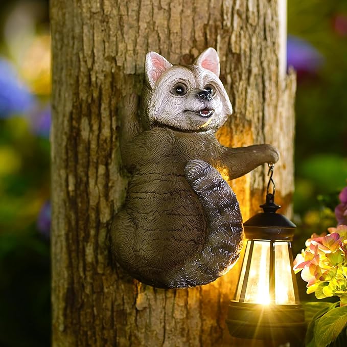 Raccoon Tree Hungger with Solar Lantern - 7.4 Inch Raccoon Outdoor Statue for Garden Yard Decor Outside,Best Garden Gifts for Mom,Women