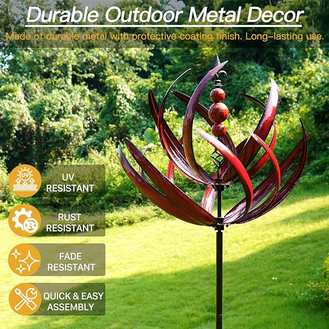 Yard Garden Wind Spinners - Large Outdoor Metal Wind Spinners Sculptures, Lawn Yard Art Garden Decor (Burgundy Lotus)