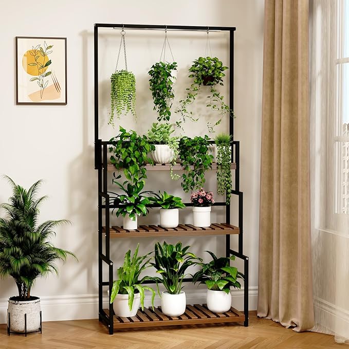 Hanging Plant Stand with Grow Light, 3 Tier Metal Plant Stand for Indoor Plants Multiple, Large Plant Shelf Display Holder, Ladder Shape Plant Rack for Living Room, Patio, Balcony