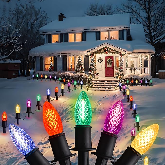 J-HVA 𝙇𝙀𝘿 C9 Strawberry Christmas Pathway Lights - 29ft Christmas Multicolor String Lights Outdoor Waterproof Walkway Lights with 25 Marker Stakes for Xmas Tree Yard Garden Decoration (25 Lights)