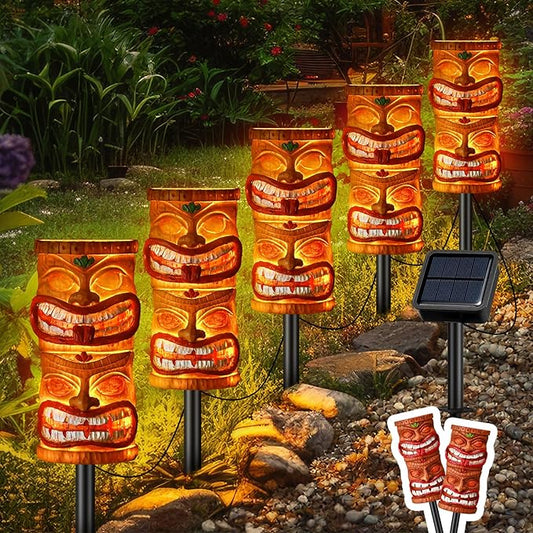 VIHOSE 5 Pcs Tiki Solar Light Decor Tiki Bar Statues Solar Power Light Stake Outdoor Hawaiian LED Decor for Luau Birthday Party Tropical Bar Garden Yard