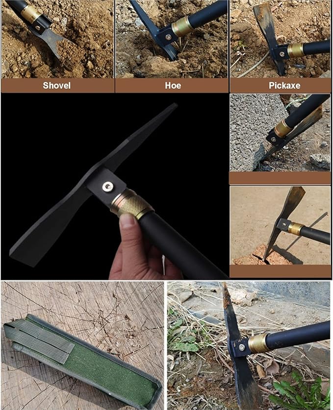 Folding Pickaxe Hoe for Digging, Multi-Function Detachable, Garden Hoe Long Handle with Two Extension rods, Great for Loosing Soil, Camping Shovel for Outdoors