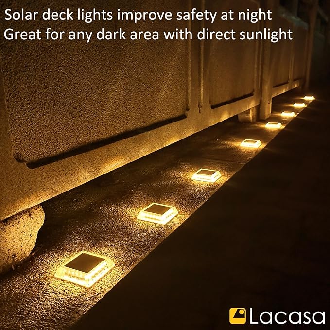 Lacasa Solar Deck Lights, 8 Pack 30LM LED Dock Lights Warm White 2700K, Outdoor Solar Powered Step Lights Light up All Night IP68 Waterproof Auto ON/Off for Garden Stairs Driveway Pathway Lighting