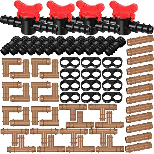 64 Pcs Drip Irrigation Fittings Kit 1/2 Inch Tubing Set Including 4 Switch Valve, 12 Elbows, 12 Couplings, 12 End Cap Plugs, 12 Tees and 12 End Closures Drip for Compatible Drip or Sprinkler Systems