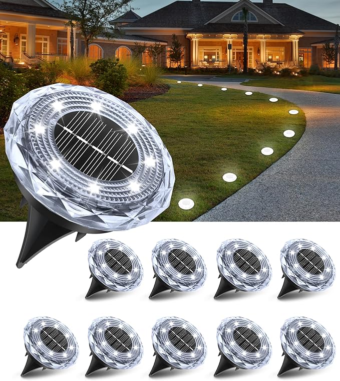 Solar Ground Lights,10 Pack Solar Powered Pathway Lights Outdoor,15Hrs Lasting,IP65 Waterproof,8 LED Solar Disk Light for Patio Driveway Walkway Garden Lawn Path Landscape