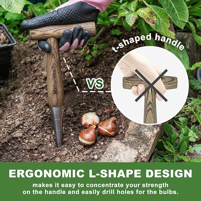 2024 New Upgrade Hand Dibber with 5 inches Measuring Scale, Easy to Grip L-Shaped Wood Handle Dibbler, Stamped Stainless Steel Tip Seed Dibber, 11.3'' Dibber for Sowing Seeds and Planting Seedlings