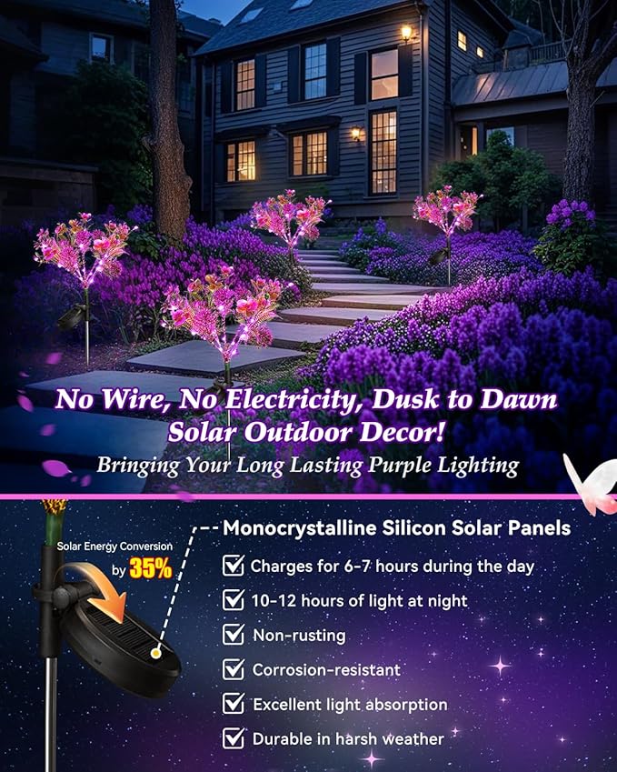 Neporal Solar Garden Lights, 6PK Purple Phalaenopsis Solar Flowers Outdoor Waterproof, Solar Lights Decorative for Garden,Yard Decor, Outdoor Decor