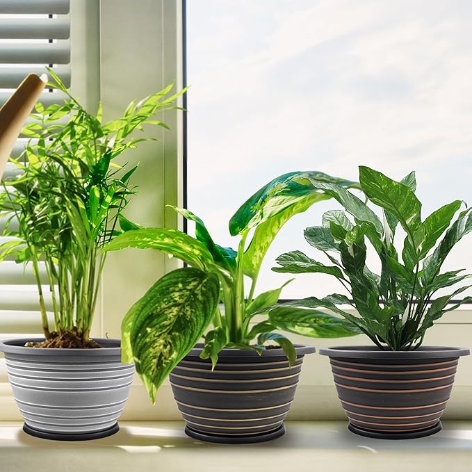 12 Inch pots for Plants, Plastic 3 Pack Large Planter Pots for Outdoor Plants with Drainage Holes & Saucers, Retro Antique Imitation Decorative Garden Indoor Flower Pots(Red Brown)