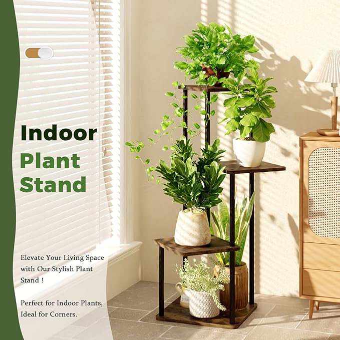 4 Tiered Plant Stand Indoor Corner Plant Shelf for Multiple Plants for Patio Garden Balcony Living Room Bedroom, Tall Metal Flower Pots Stand Relaxing for Women Gift Brown Oak
