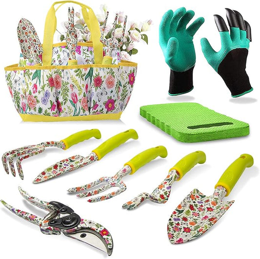 Garden Tool Set 9 Piece Heavy Duty Aluminum Gardening Hand Tools Kit Cute Gardening Supplies with Non-Slip Rubber Grip Gift for Women/Parent