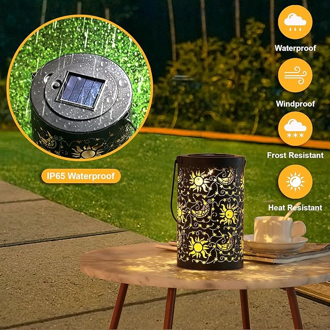 Solar Lanterns Outdoor Hanging Waterproof Metal Sun Moon Star Pattern Lanterns for Garden Patio Yard Lawn Front Porch Decor as Birthday Gifts for Mom Grandma Women