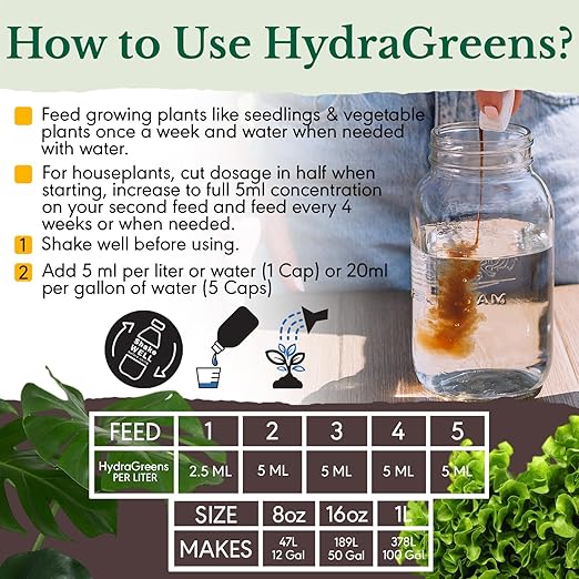 HydraGreens Indoor Plant Food & Vegetable Garden Liquid Fertilizer - NPK 3-1-2 Enriched with Sea Kelp to Stimulate Root & Plant Growth - All Purpose Plant Fertilizer use in Soil & Hydroponics - 8 oz