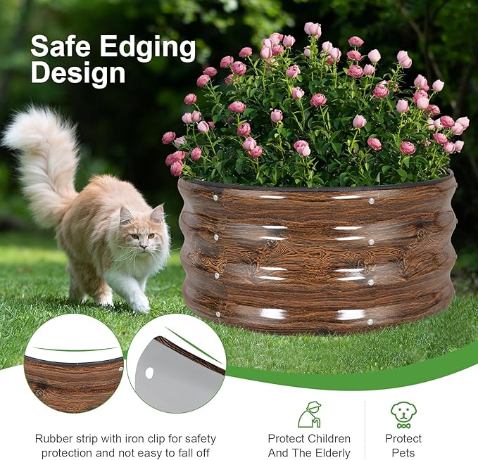 Galvanized Raised Garden Bed- 2Pcs 2x2x1FT Metal Planter Boxes Outdoor | Round Steel Raised Bed Kit & Fire Pit Ring for Gardening with Protective Tape, Gloves for Vegetables (Wood Grain)