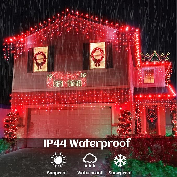 33ft Icicle Lights for Outside, Red Christmas Lights Outdoor Waterproof for House, 400 LED Twinkle Tree Lights with 75 Drops Clear Wire Short Curtain Lights for Room Home Wall Indoor Decorations