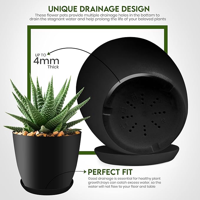 Utopia Home - Plant Pots Indoor with Drainage - 7/6.6/6/5.3/4.8 Inches Home Decor Flower Pots for Indoor Planter - Pack of 5 Plastic Planters for Indoor Plants, Cactus, Succulents Pot - Black