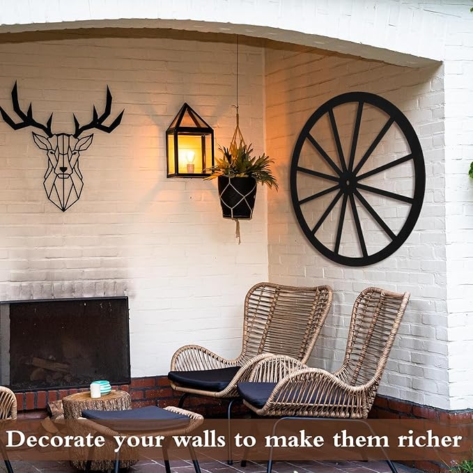 Wood Wagon Wheel Decorative Old Western Style Wagon Wheel Decor Vintage Rustic Wall Hanging Wood Cartwheel Decor for Garden Bar Patio Garage Farmhouse(30 Inch,Black)