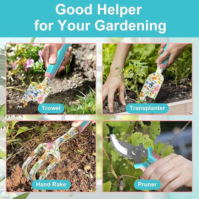 6 Pcs Garden Tool Set, Gardening Hand Tools Aluminum Alloy Starter Kit with Garden Bag, Heavy Duty Outdoor Tool Set with Ergonomic Handle, Gardening Gifts (Flower Pattern)