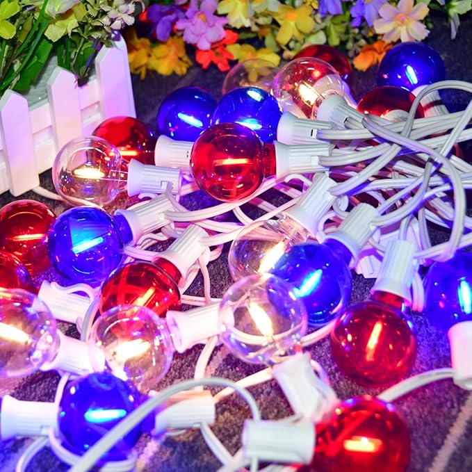 27.8Ft G40 Red White and Blue Lights String with 28 Shatterproof LED Globe Bulbs, for Memorial Day 4th of July Decorations Outdoor & Patriotic Decorations Lights for Home Party Patio Gazebo, 0.6W