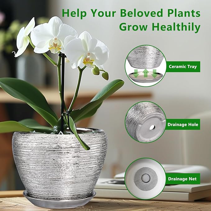 Pot for Plants 8 Inch - Ceramic Plant Pot Indoor with Drainage Hole and Saucer Decorative Planter for Indoor Plants Modern Round Flower Pot for Home Decor Silver