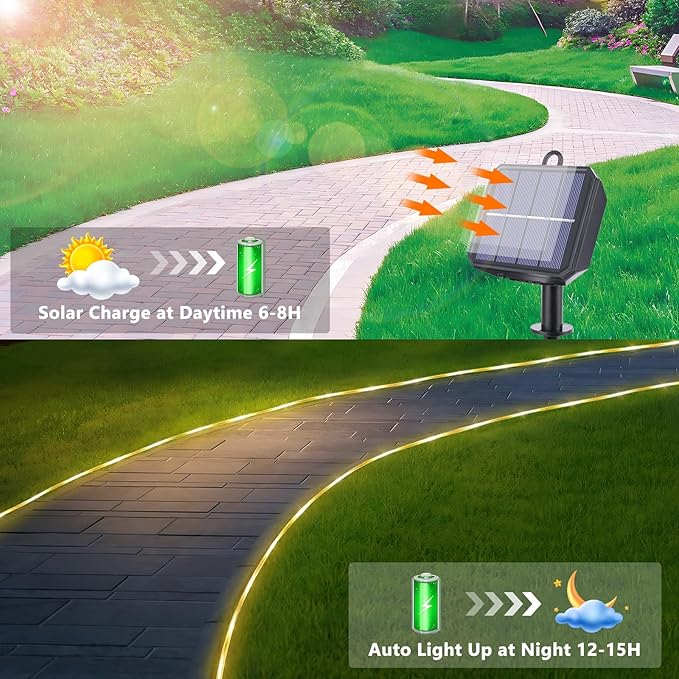 Solar Rope Lights, 66ft 200LED String, 8 Modes Waterproof Powered Outdoor, Flexible Clear Tube for Garden, Backyard, Patio, Deck, Porch, Pool, Tree Decor - Warm White