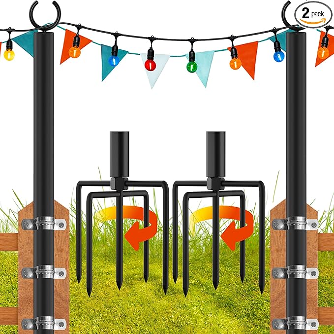 LAND·VOI 2 Pack String Light Poles, 9FT Heavy Duty Metal Light Poles for Outside String Lights, Outdoor Light Poles with 5 Prong Fork, Lighting Stand for Patio, Backyard, Garden, Deck, Black FLP12B