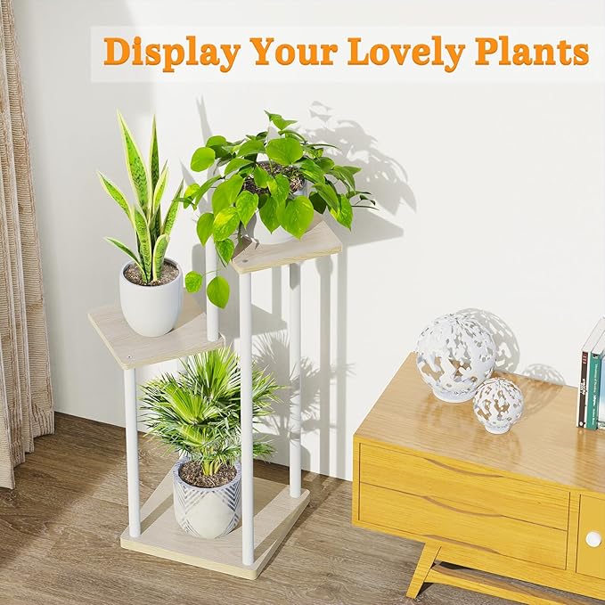 3 Tier Plant Stand Indoor Outdoor, Metal Wood Tiered Corner Plant Stands Pot Holder, Wood Flower Shelf Display Rack for Living Room Bedroom Balcony Garden Patio, White (3 tier)