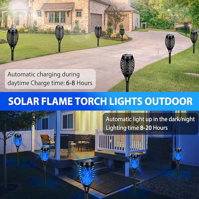 Solar Lights Outdoor, Upgraded 6 Pack Blue Solar Torch Light with Flickering Flame Waterproof for Garden Decor, Flame Torches for Outside Landscape Porch Yard Pathway Decorations