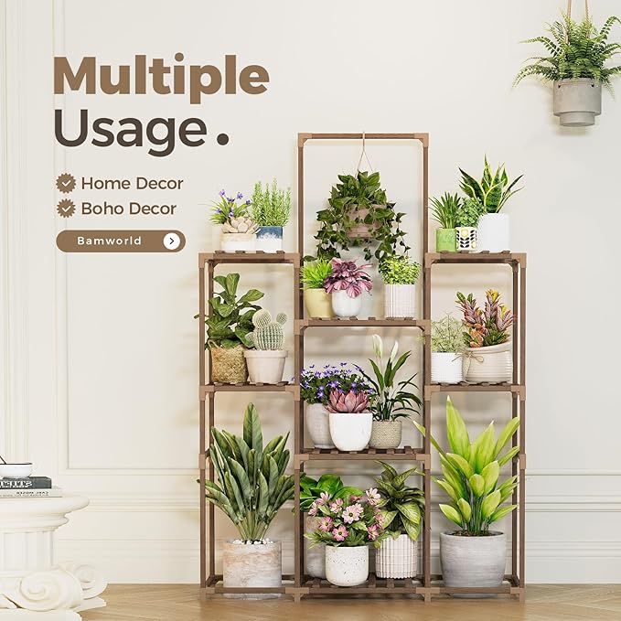 Bamworld Plant Stand Indoor Outdoor Large Plant Shelf Tall Hanging Plant Holder Wood Flower Stand for Window Living Room Garden Balcony Home Decor Flower Patio 3 Tiers