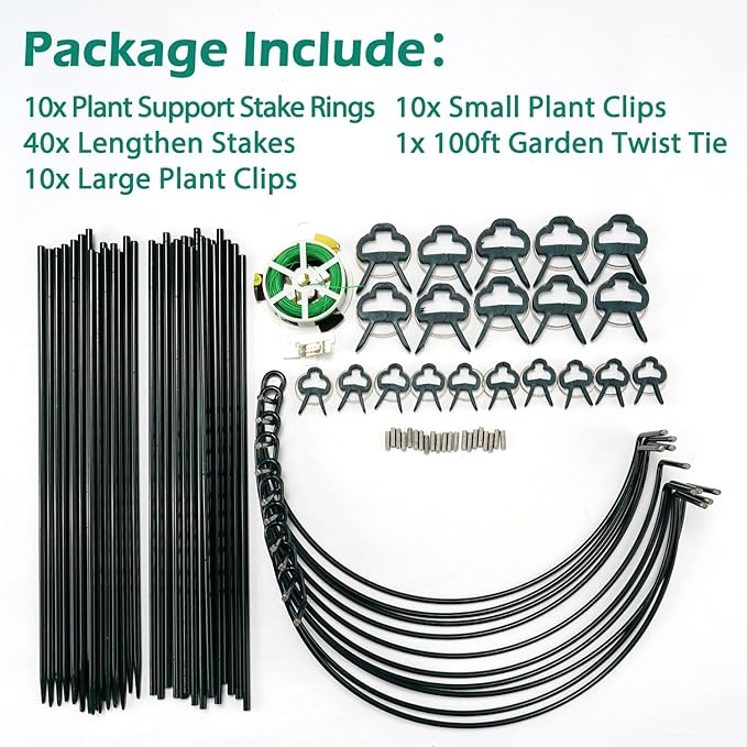 32 inch Plant Support Stakes, 10 Pack Half Round Metal Garden Plant Stake Heavy-Duty Plant Support Ring and Cage with Plant Clip & Twist Tie for Indoor and Outdoor Plants, Vegetable, Flowers