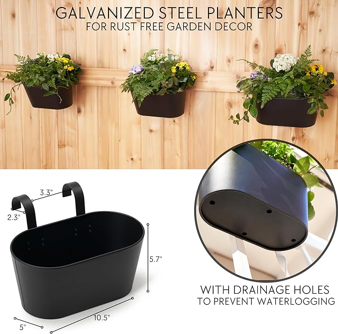 Beautiful Hanging Flower Pots for Outside Railing Or Fence - Stylish Set of 3 Outdoor Planters For Any Balcony, Porch or Deck - Window Planter Boxes Are Perfect to Grow Fresh Herbs & Flowers at Home